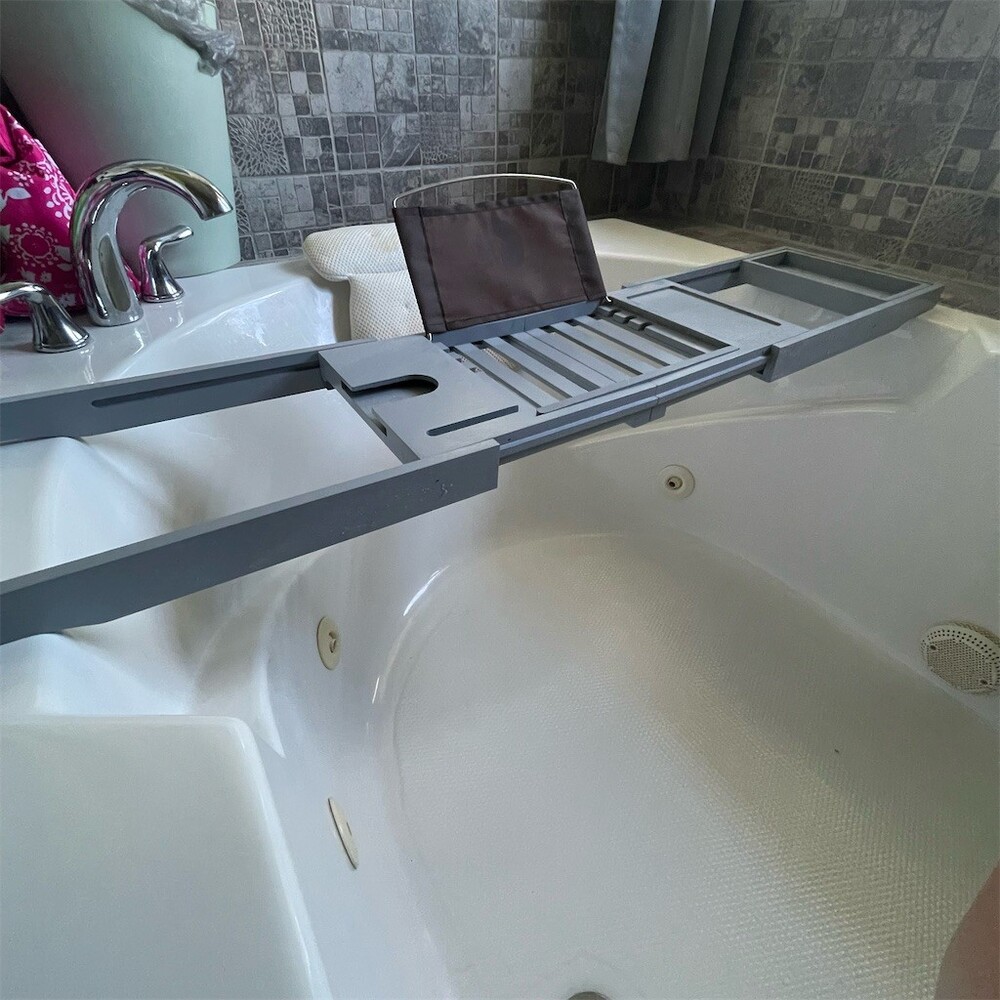 Yirilan Expandable Bamboo Bathtub Tray Caddy Gray Book Tablet Stand Phone Slot